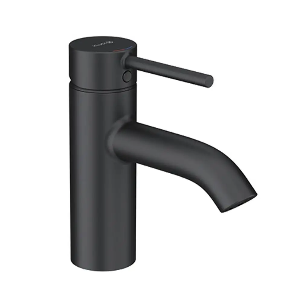 Schwarzer Waschtischarmatur von Kludi mit schwenkbarem Auslauf und Bedienhebel oben. Minimalistisches Design für moderne Badezimmer.